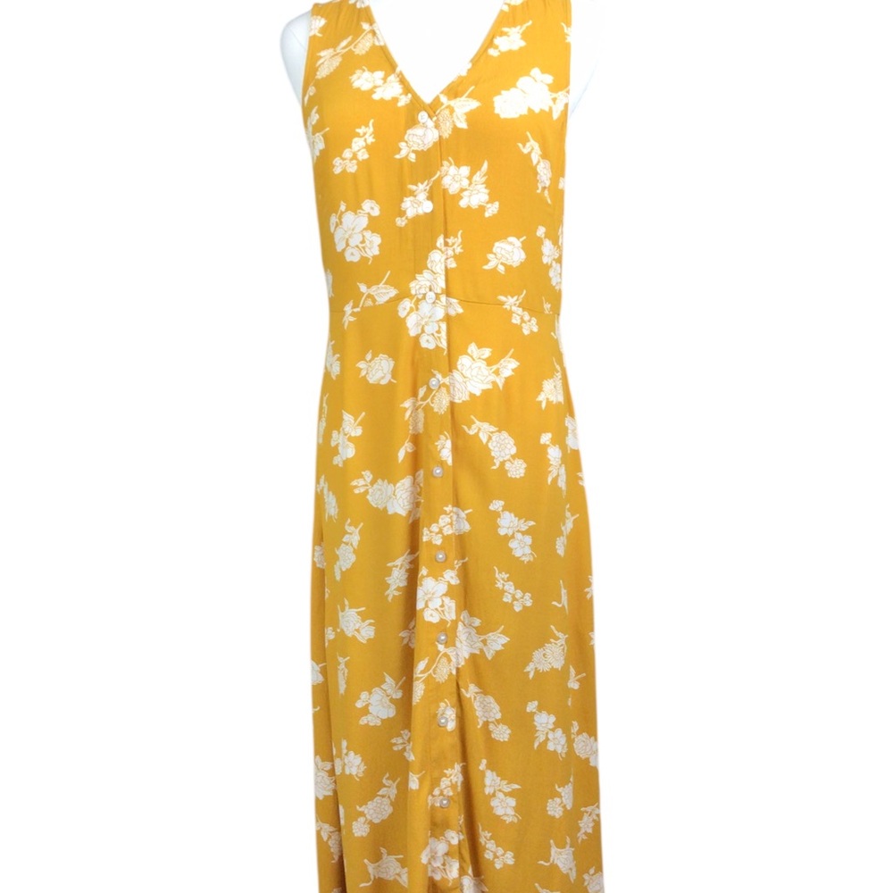 Loft Floral Midi Dress Gold White Floral Size 4 Button Front